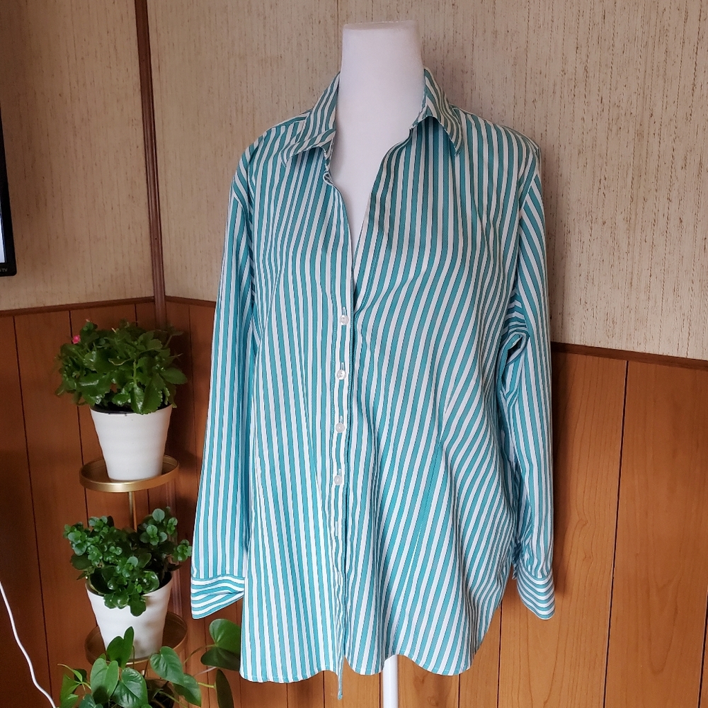 Foxcroft 100% Cotton Striped Button Down Shirt‎ Teal Green White Size XXL - Picture 15 of 15